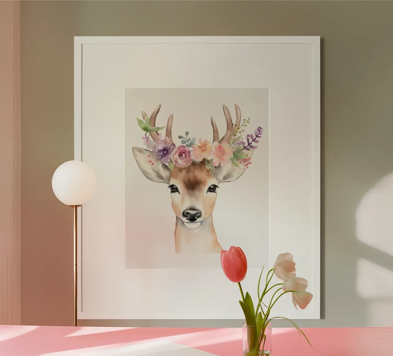 Adorabile illustrazione di cervo con corona di fiori, arte per la camera dei bambini poster con telaio in alluminio da Little Lila