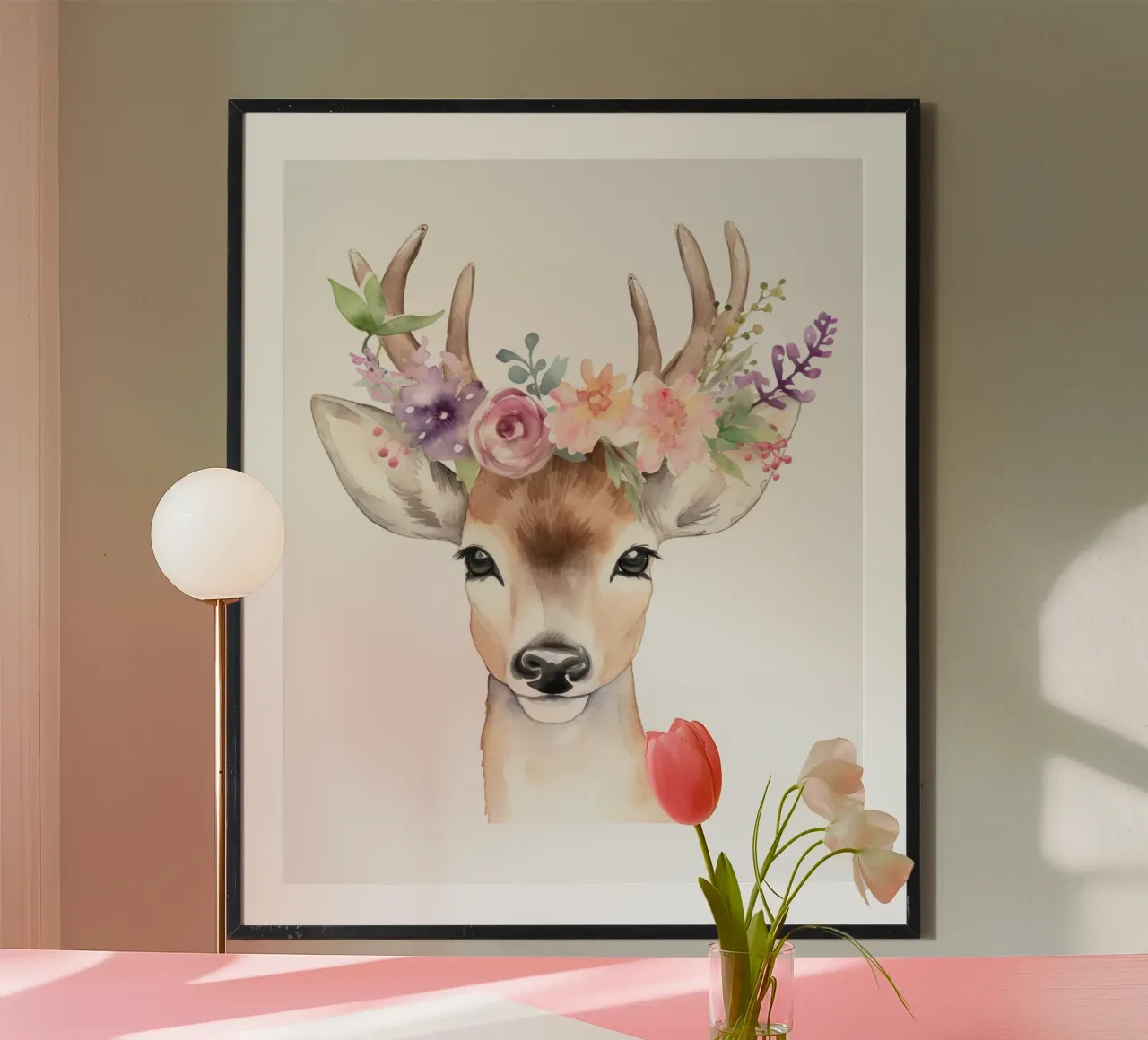Adorabile illustrazione di cervo con corona di fiori, arte per la camera dei bambini poster con telaio in alluminio da Little Lila