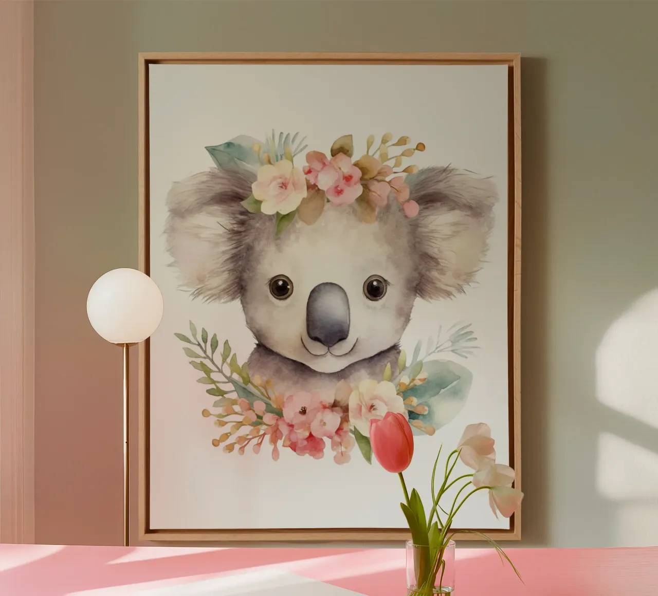 Stampa Koala, poster australiano, arte del Koala e della corona di fiori tela con Cornice a cassetta da Little Lila