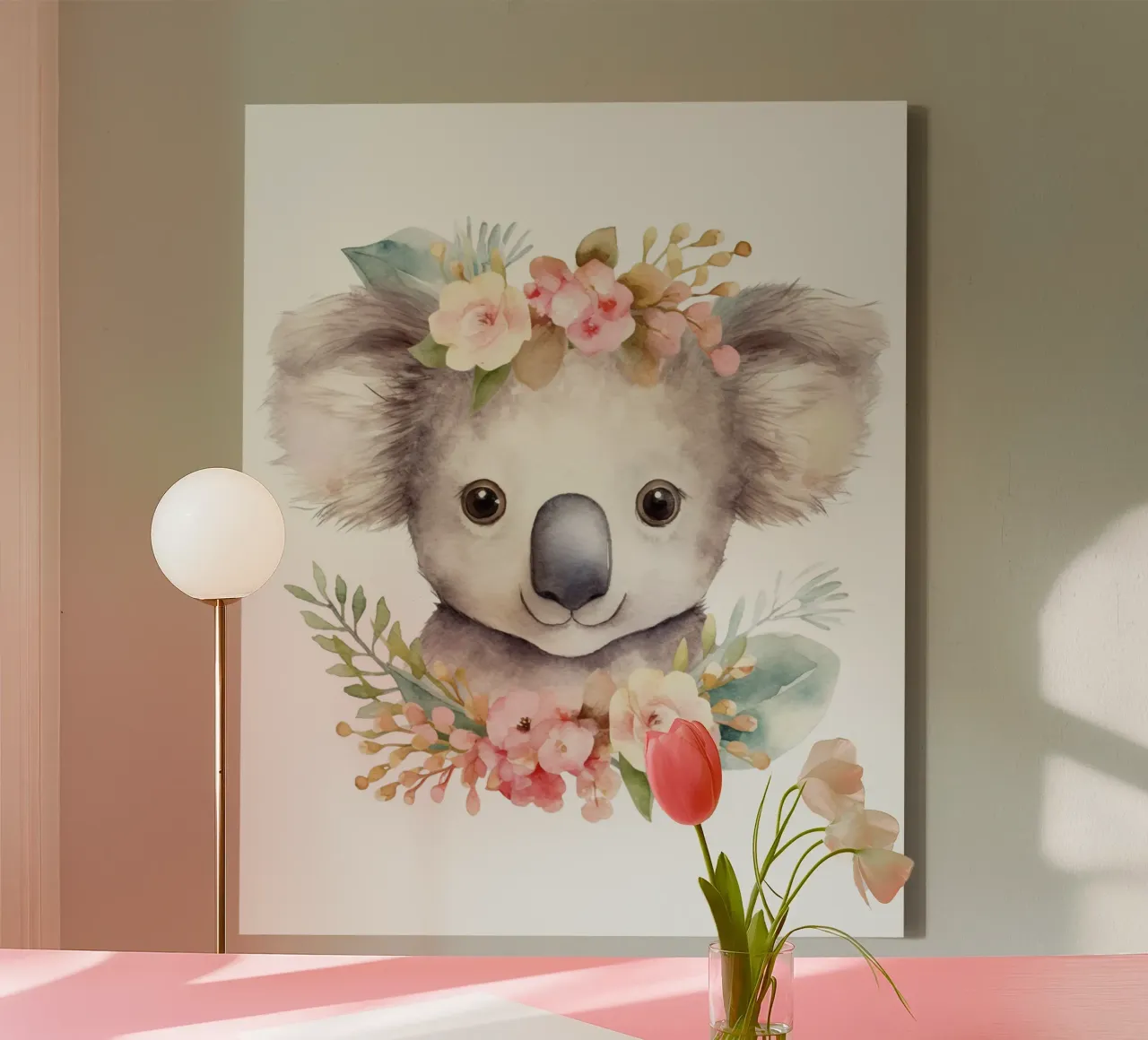 Stampa Koala, poster australiano, arte del Koala e della corona di fiori tela con Cornice a cassetta da Little Lila