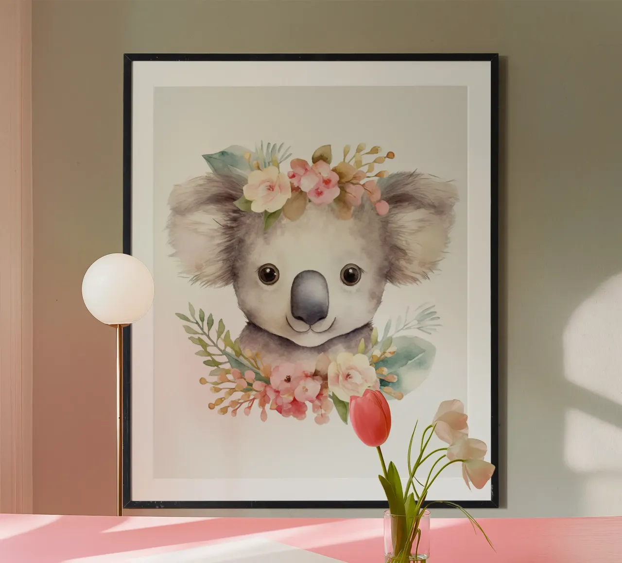 Stampa Koala, poster australiano, arte del Koala e della corona di fiori poster con telaio in alluminio da Little Lila