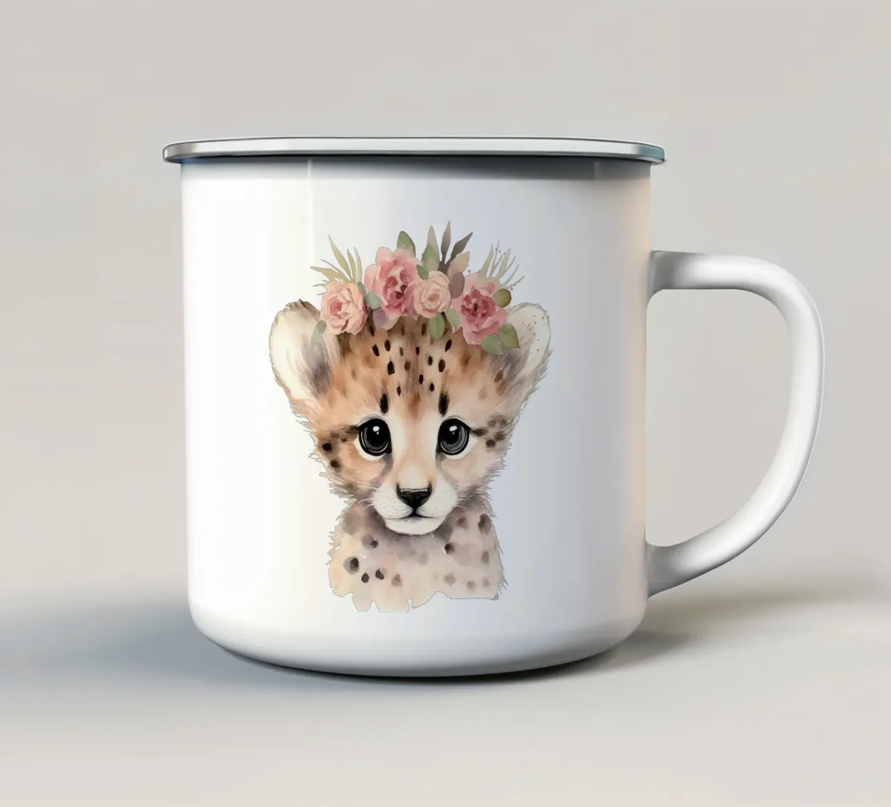 Cucciolo di ghepardo all'acquerello, stampa animale da vivaio, poster floreale tazza in smalto da Little Lila