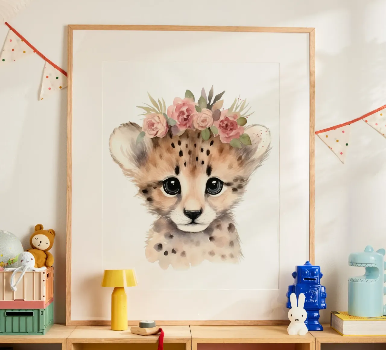 Cucciolo di ghepardo all'acquerello, stampa animale da vivaio, poster floreale poster con telaio in legno da Little Lila