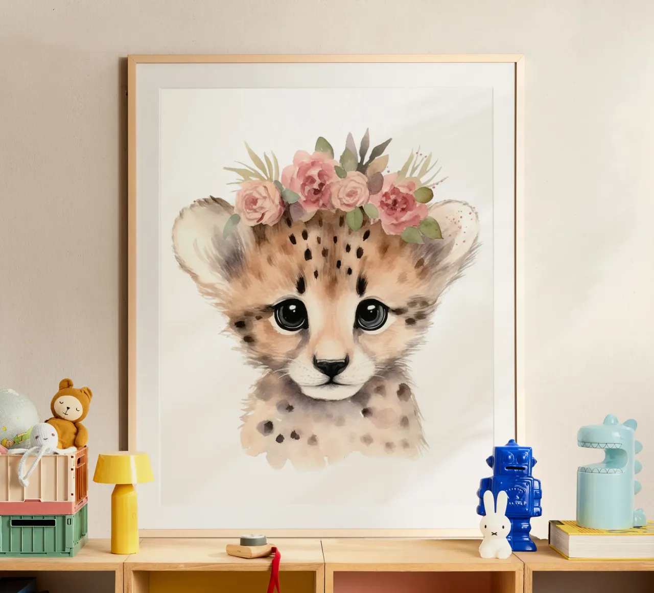 Cucciolo di ghepardo all'acquerello, stampa animale da vivaio, poster floreale poster con telaio in legno da Little Lila