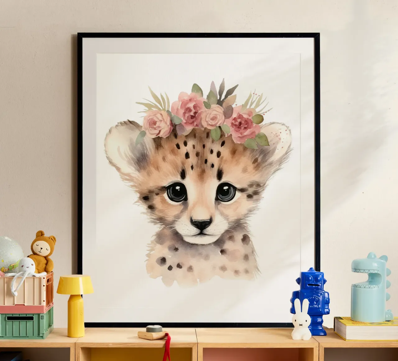 Cucciolo di ghepardo all'acquerello, stampa animale da vivaio, poster floreale poster con telaio in legno da Little Lila