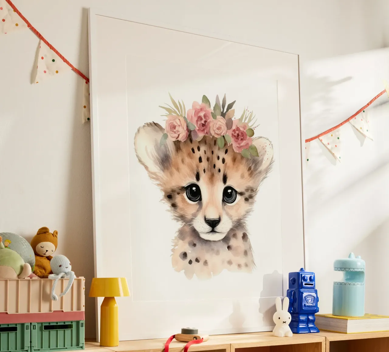 Cucciolo di ghepardo all'acquerello, stampa animale da vivaio, poster floreale poster con telaio in legno da Little Lila