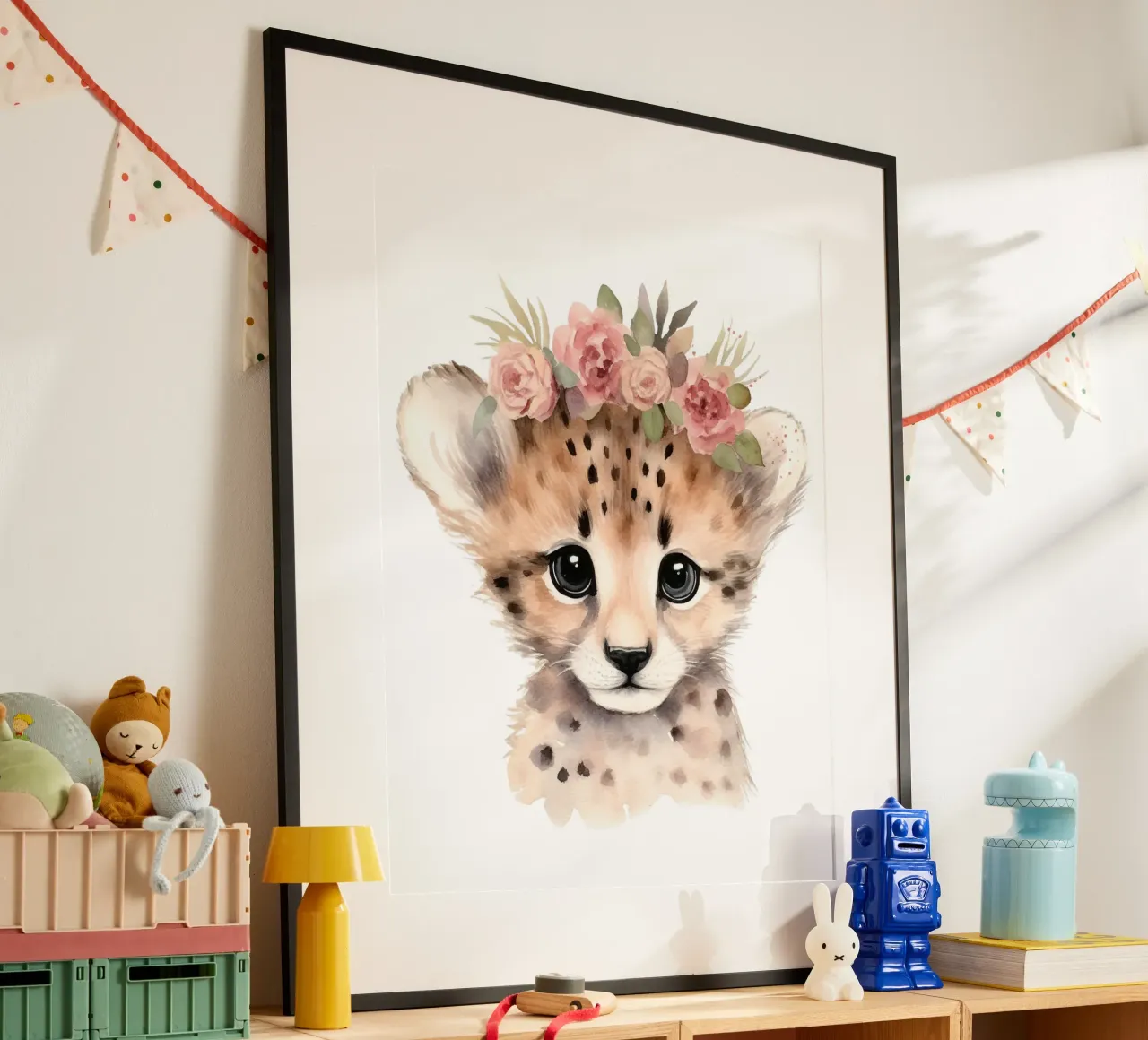 Cucciolo di ghepardo all'acquerello, stampa animale da vivaio, poster floreale poster con telaio in legno da Little Lila