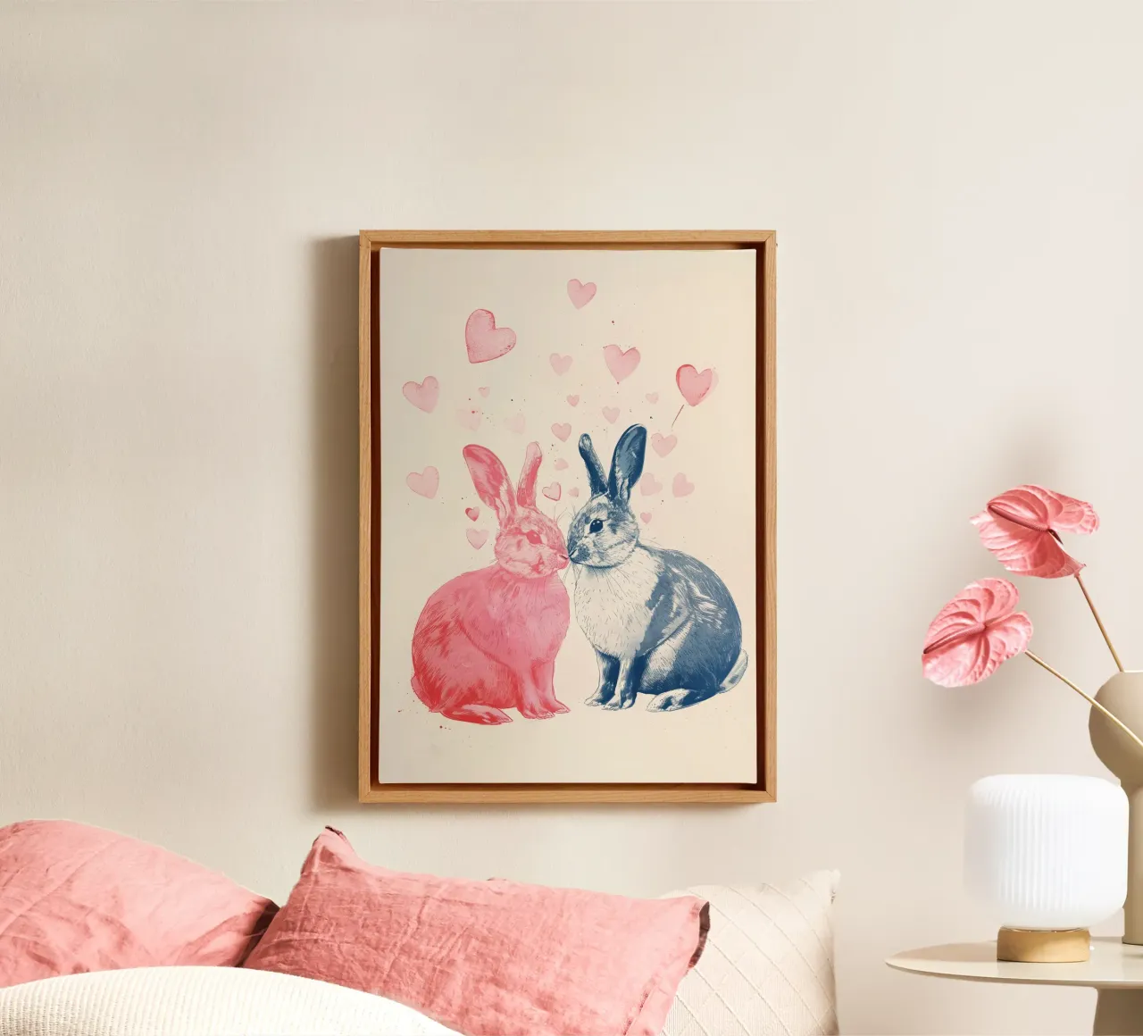 Hasen Liebe Print Leinwand mit Schattenfugenrahmen von Cat Grafic Design