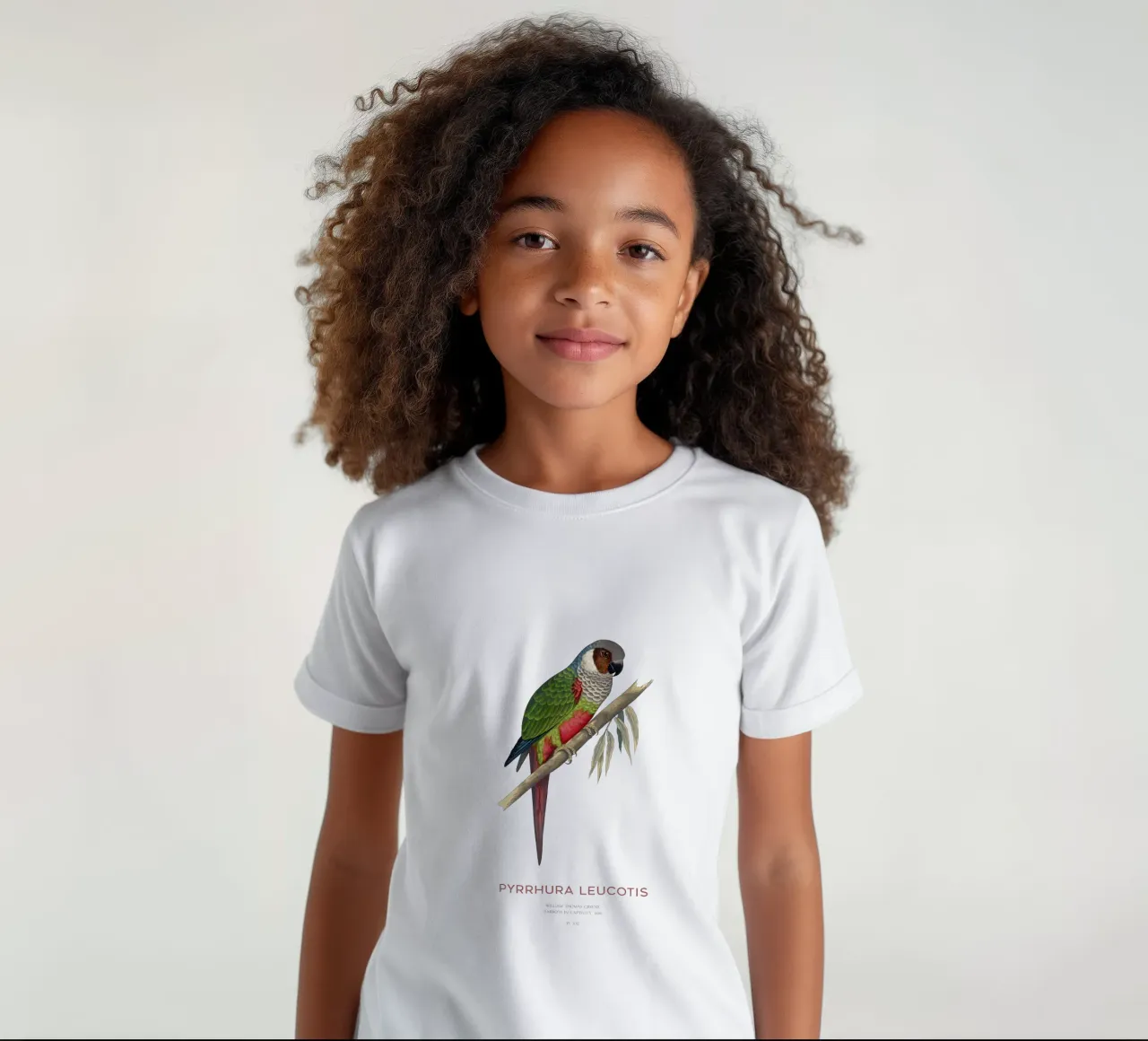 White-eared parakeet or Pyrrhura leucotis kids t-shirt by Vintagrafica