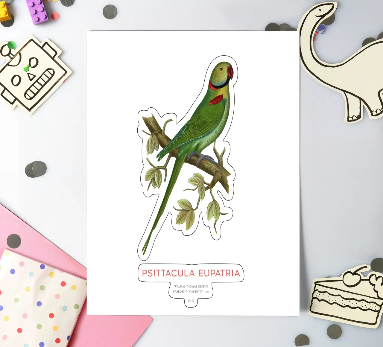 Alexandriner-Sittich oder Psittacula eupatria Stickerbogen von Vintagrafica