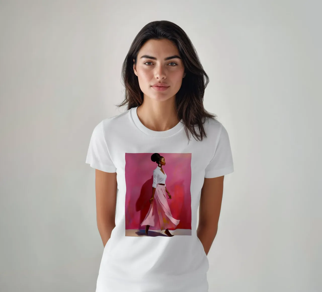 Portrait modern African woman in rose and pink colors t-shirt by Take Your Art BV