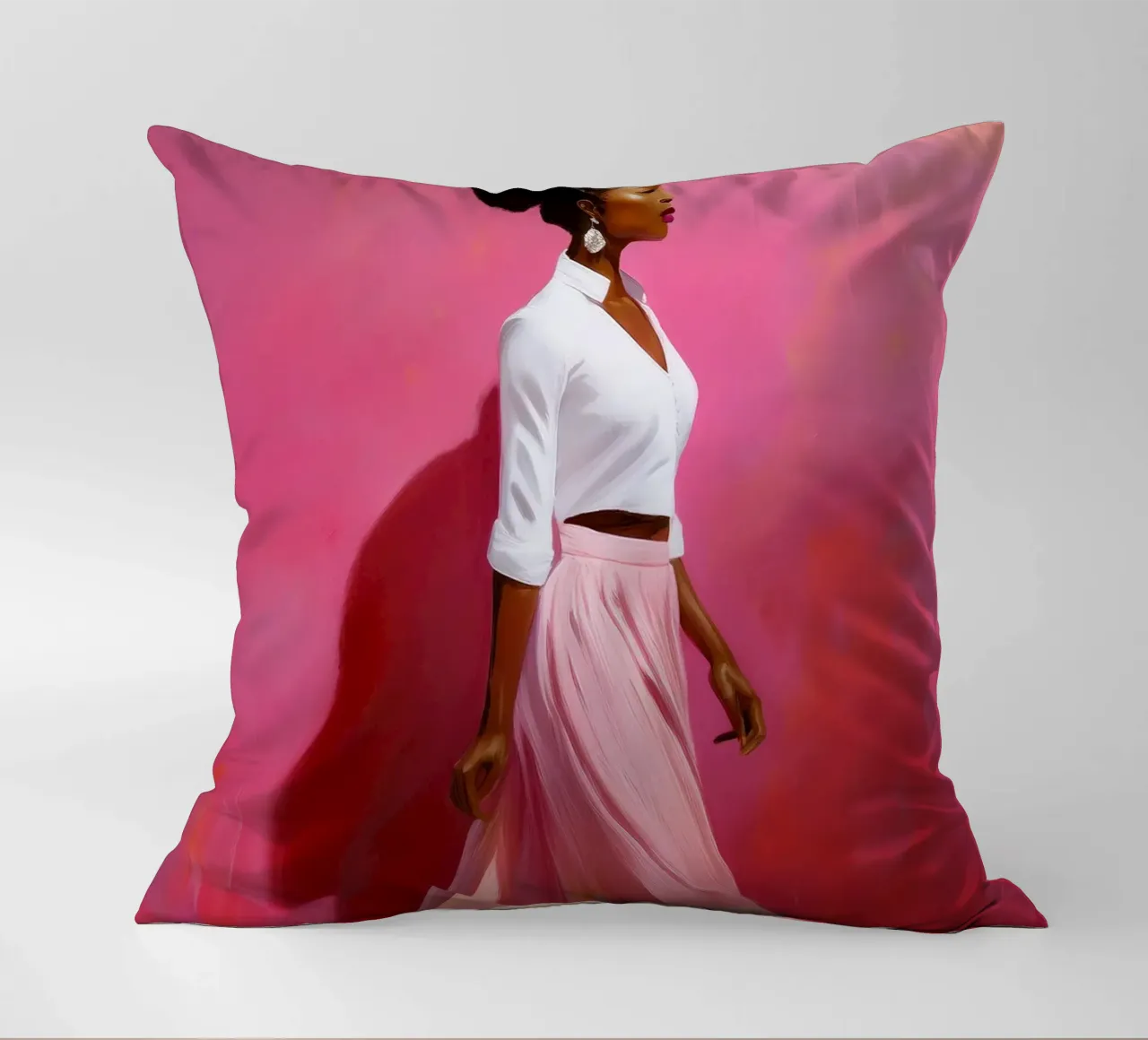 Ritratto di donna africana moderna nei colori rosa e rosa cuscino da Take Your Art BV