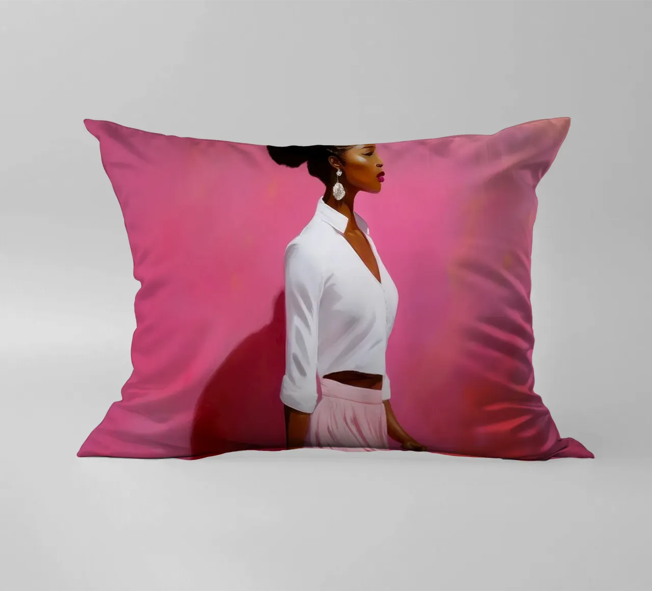 Ritratto di donna africana moderna nei colori rosa e rosa cuscino da Take Your Art BV
