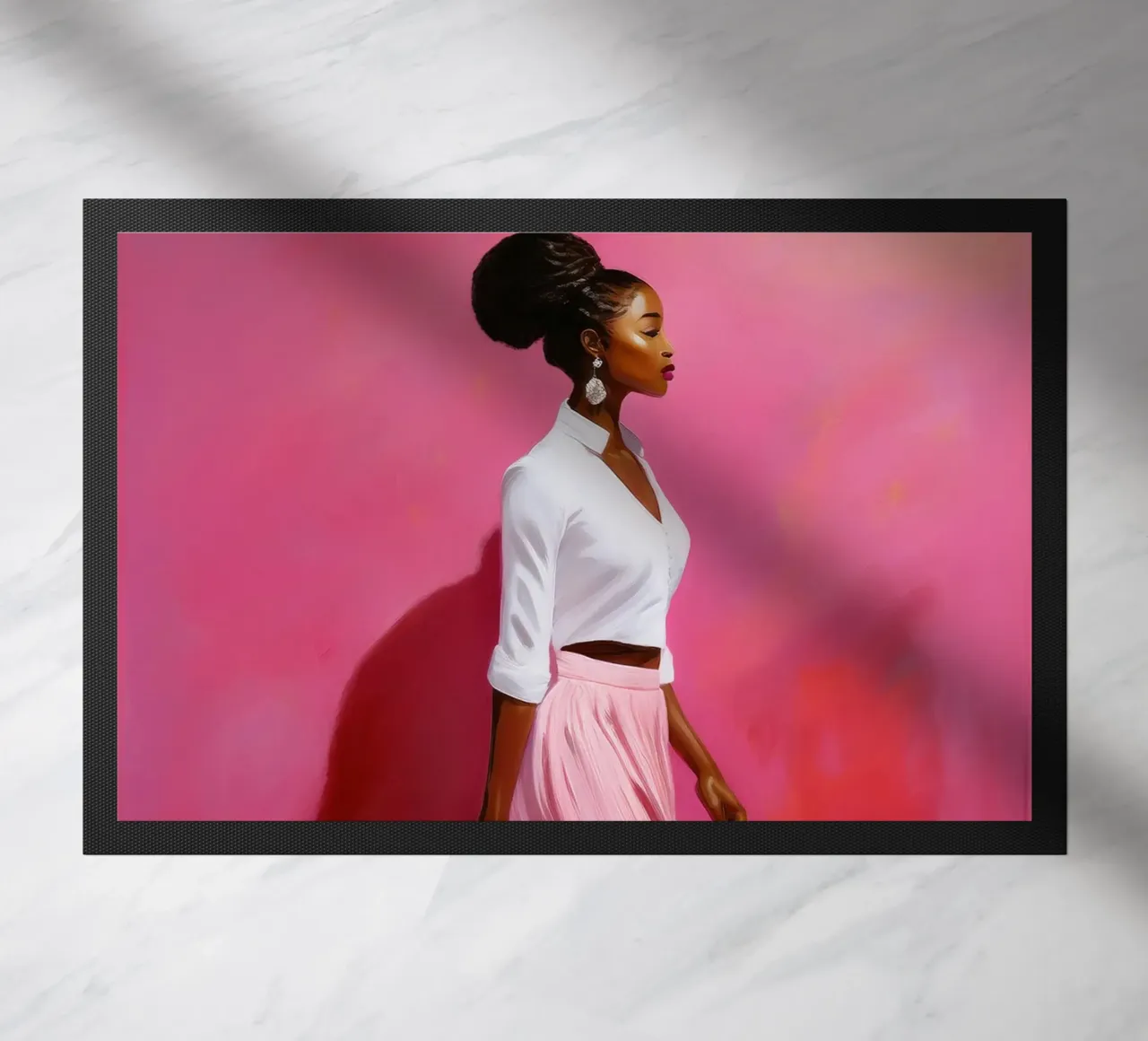 Portrait modern African woman in rose and pink colors doormat by Take Your Art BV