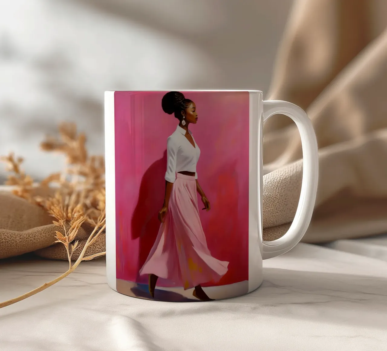 Ritratto di donna africana moderna nei colori rosa e rosa tazza in ceramica da Take Your Art BV
