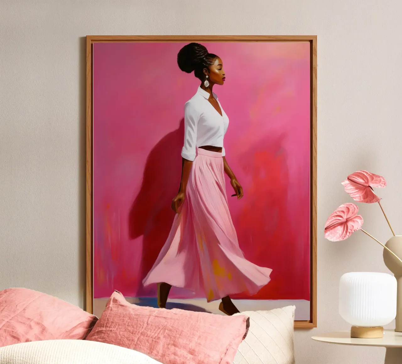 Ritratto di donna africana moderna nei colori rosa e rosa alluminio dibond da Take Your Art BV