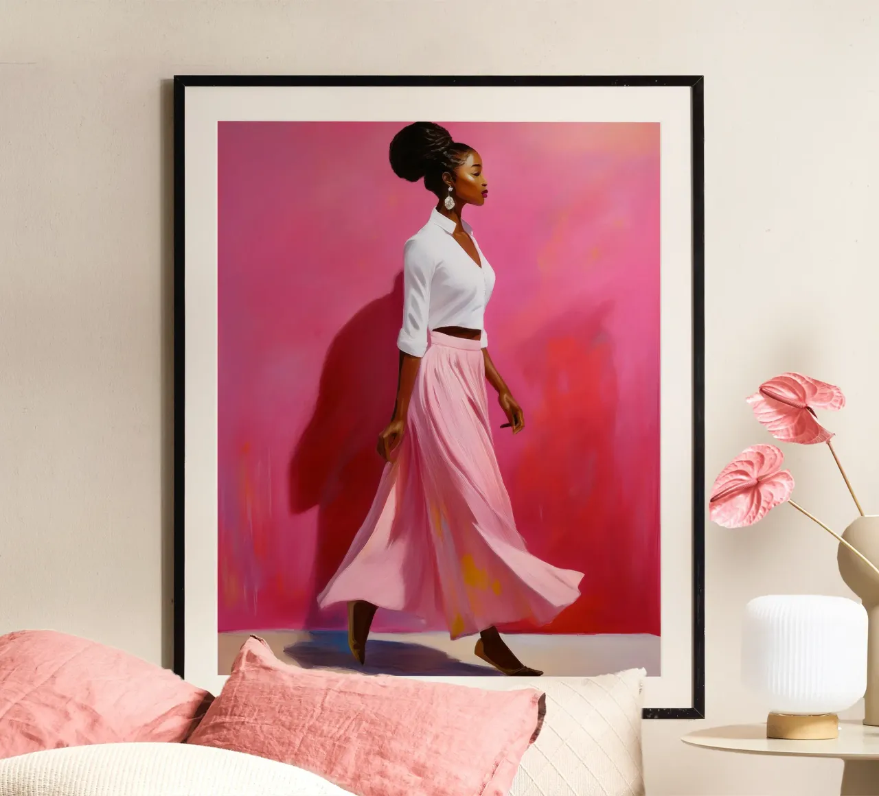 Ritratto di donna africana moderna nei colori rosa e rosa poster con telaio in plastica da Take Your Art BV