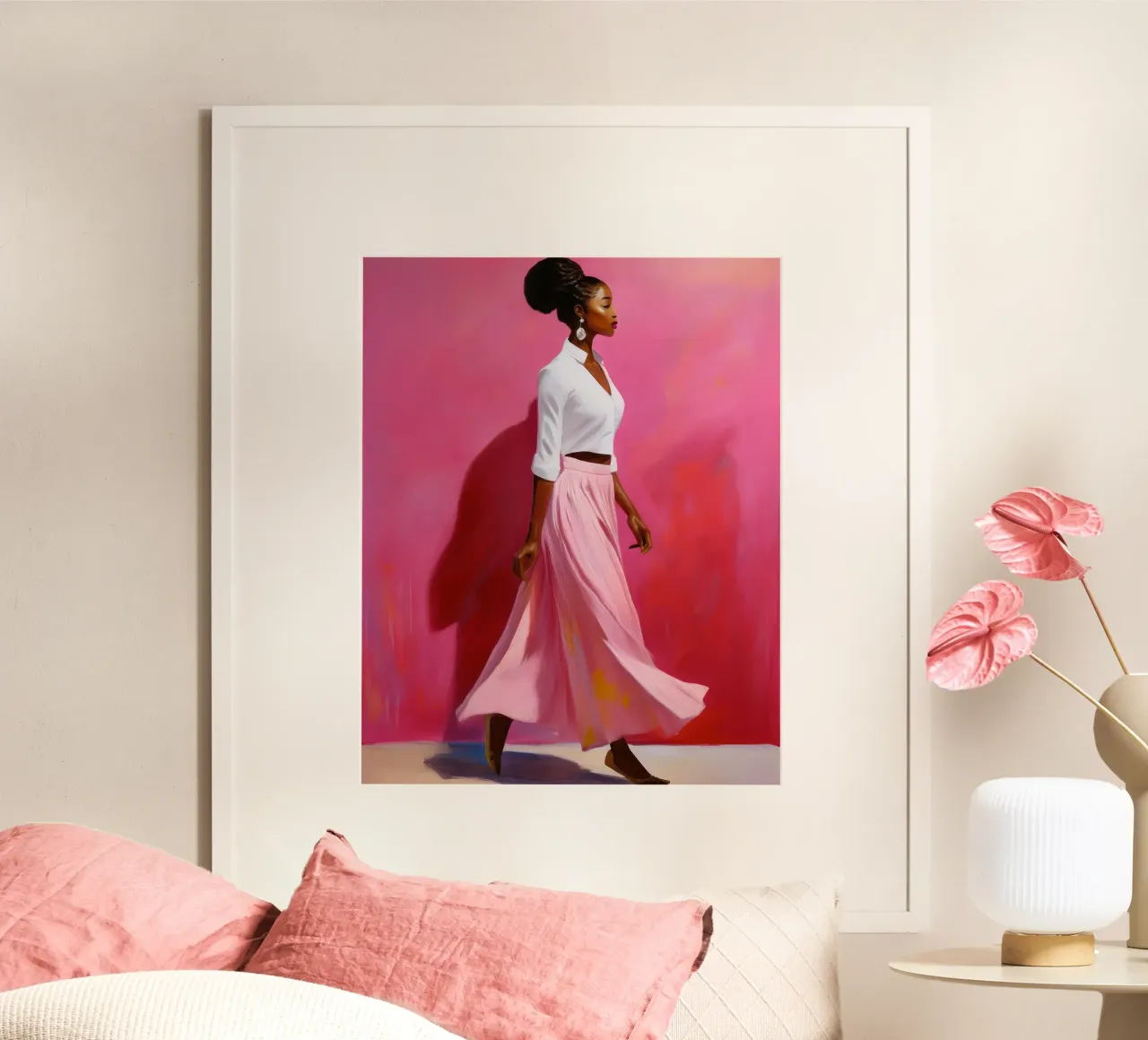 Ritratto di donna africana moderna nei colori rosa e rosa poster con telaio in plastica da Take Your Art BV