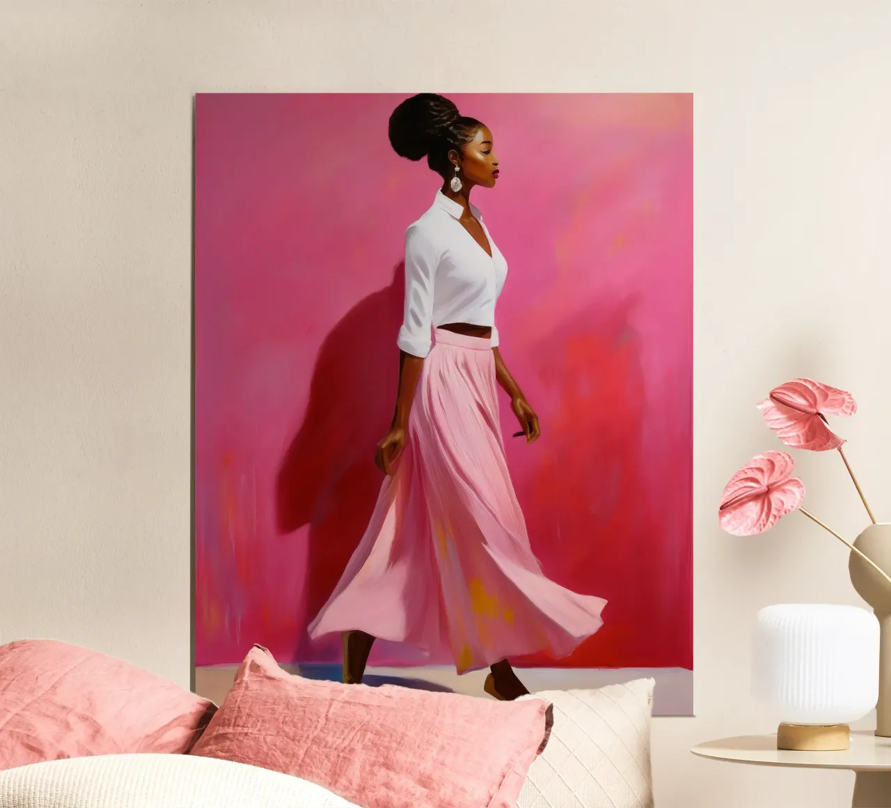 Ritratto di donna africana moderna nei colori rosa e rosa poster con telaio in plastica da Take Your Art BV