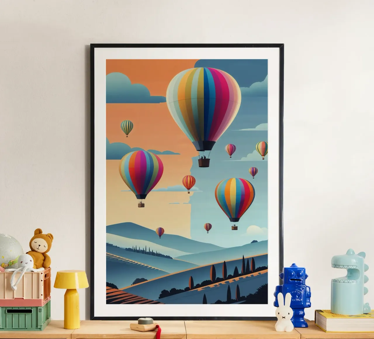 A Sky Filled with Dreamy Balloons poster con telaio in legno da AlbertKlee