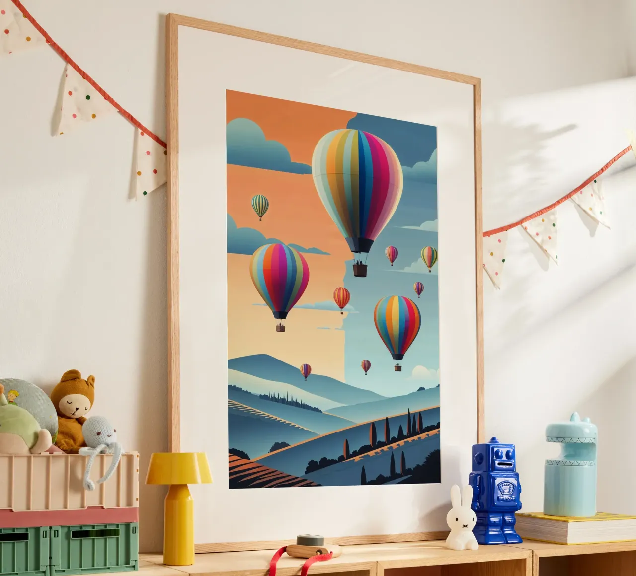 A Sky Filled with Dreamy Balloons poster con telaio in legno da AlbertKlee