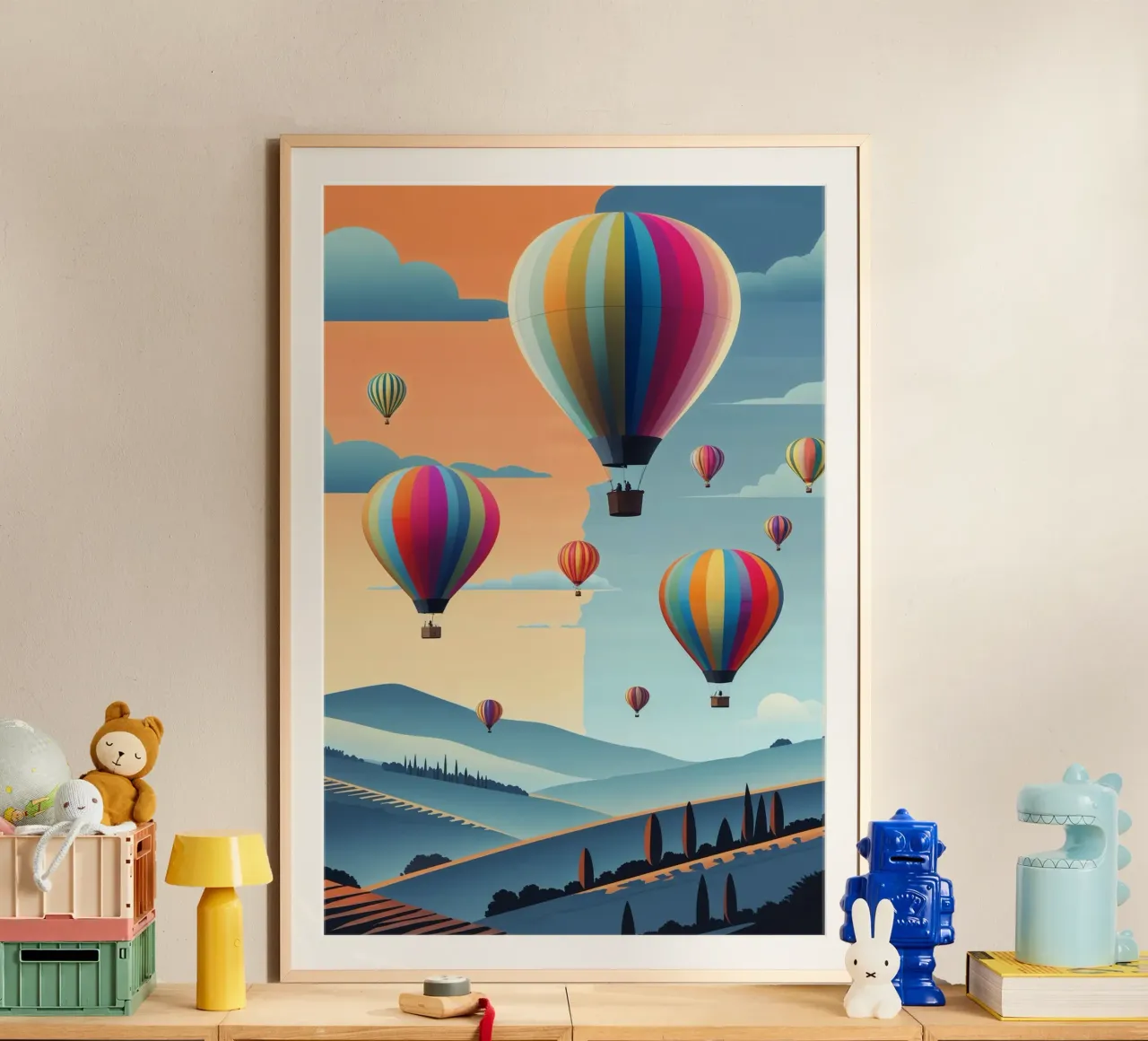 A Sky Filled with Dreamy Balloons poster con telaio in legno da AlbertKlee