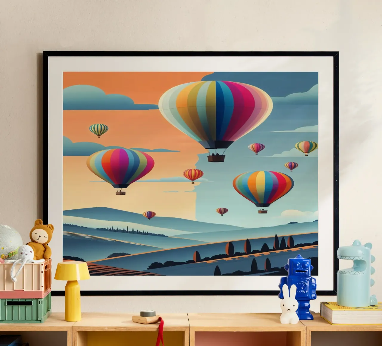 A Sky Filled with Dreamy Balloons poster con telaio in legno da AlbertKlee