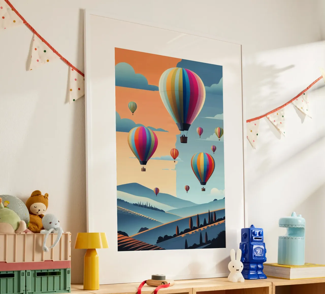 A Sky Filled with Dreamy Balloons poster con telaio in legno da AlbertKlee