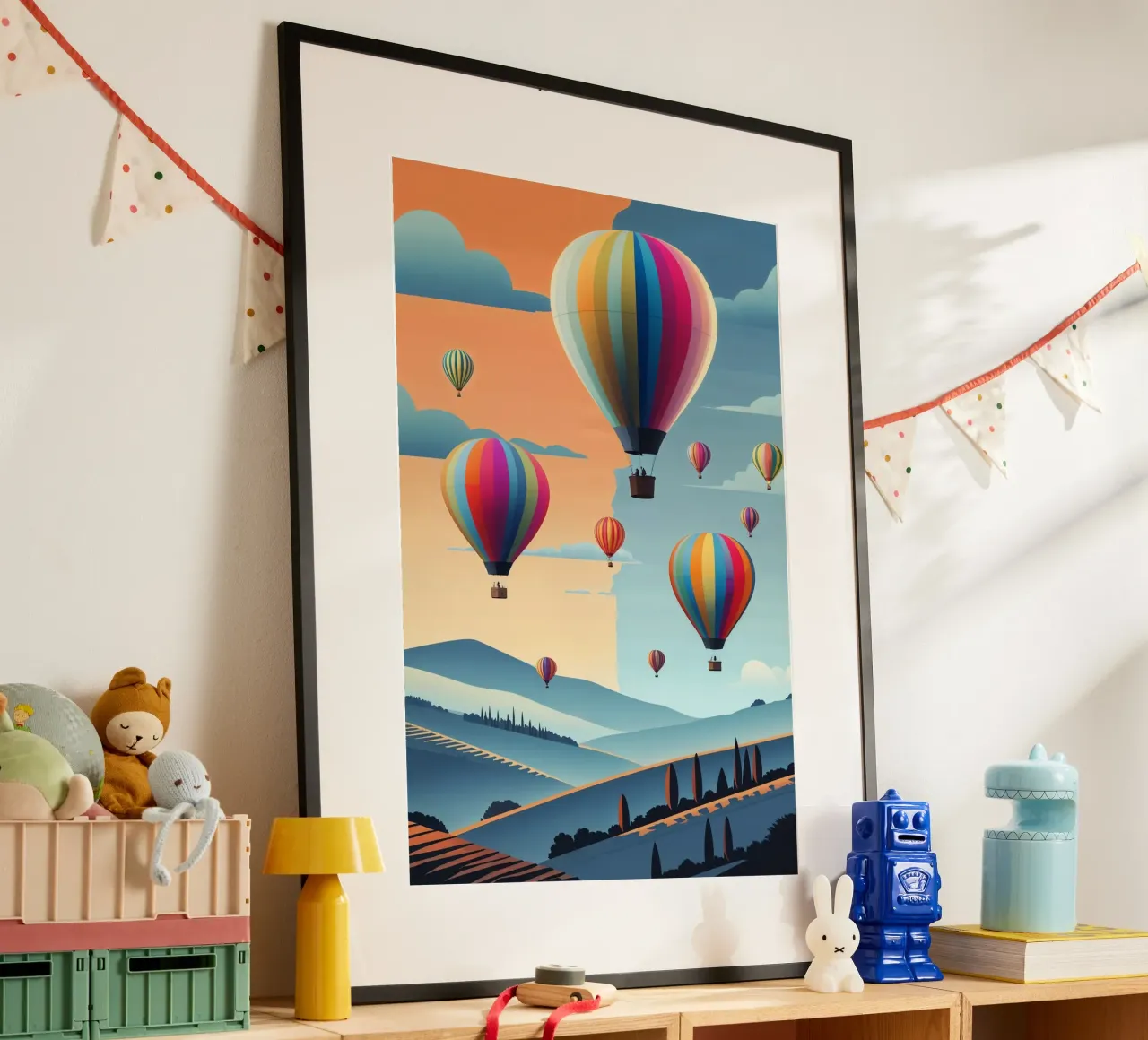 A Sky Filled with Dreamy Balloons poster con telaio in legno da AlbertKlee