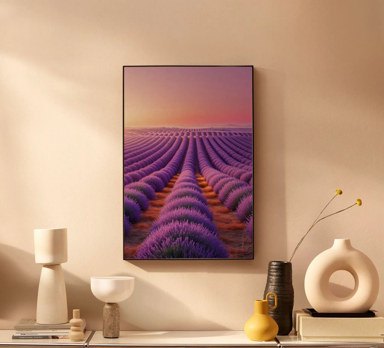 Lavender Dreams: Rows of Violet Under a Gradient Sky alluminio dibond da AlbertKlee