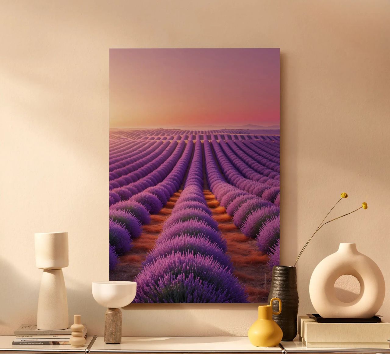 Lavender Dreams: Rows of Violet Under a Gradient Sky alluminio dibond da AlbertKlee