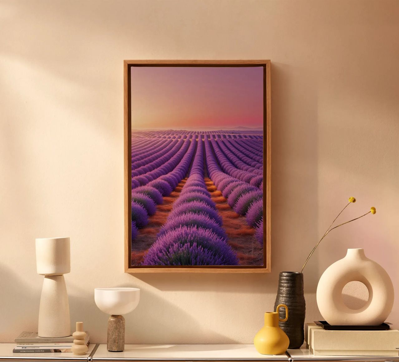 Lavender Dreams: Rows of Violet Under a Gradient Sky Leinwand von AlbertKlee