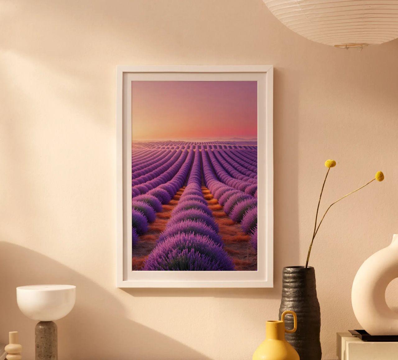 Lavender Dreams: Rows of Violet Under a Gradient Sky poster da AlbertKlee