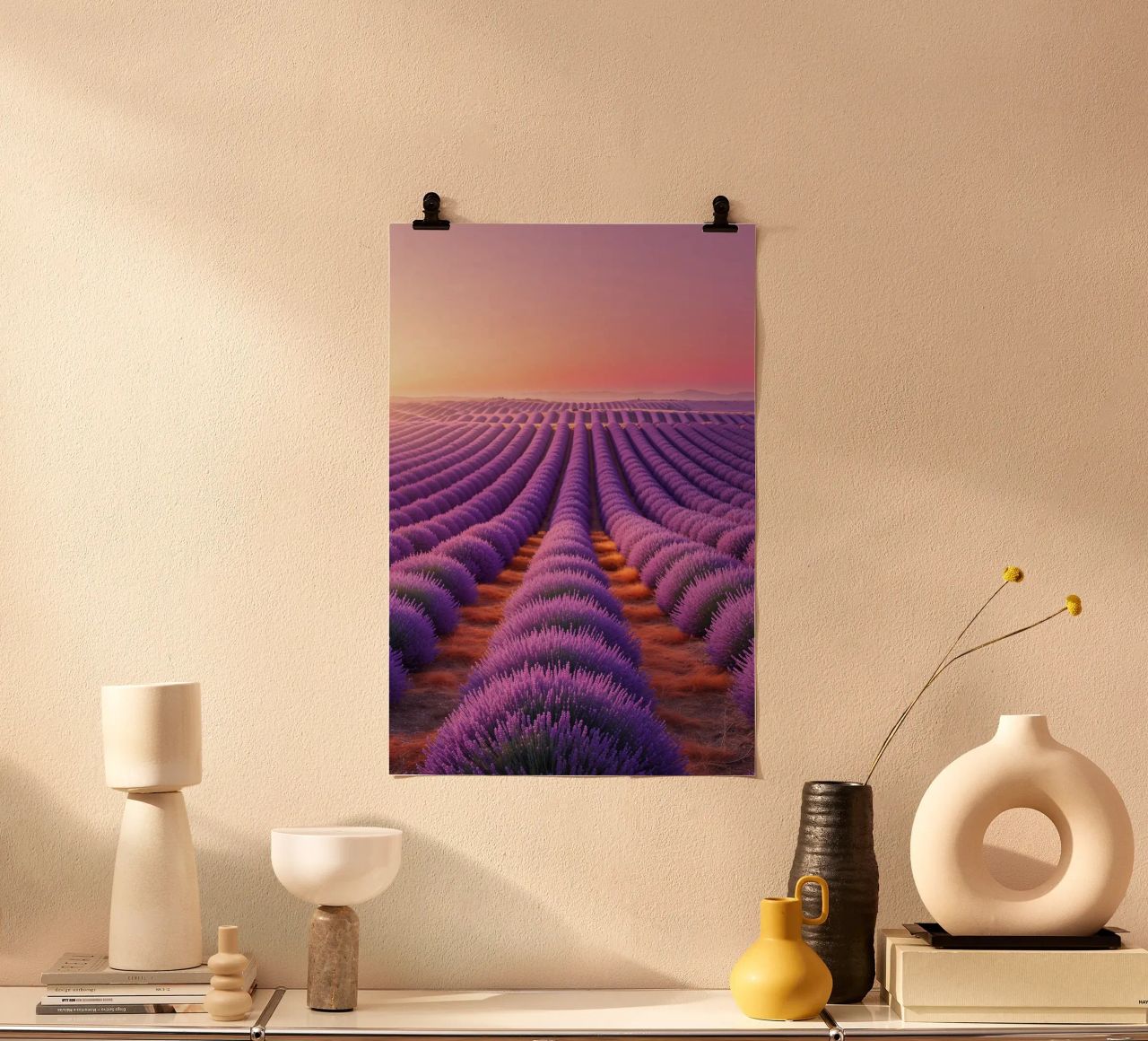 Lavender Dreams: Rows of Violet Under a Gradient Sky poster da AlbertKlee