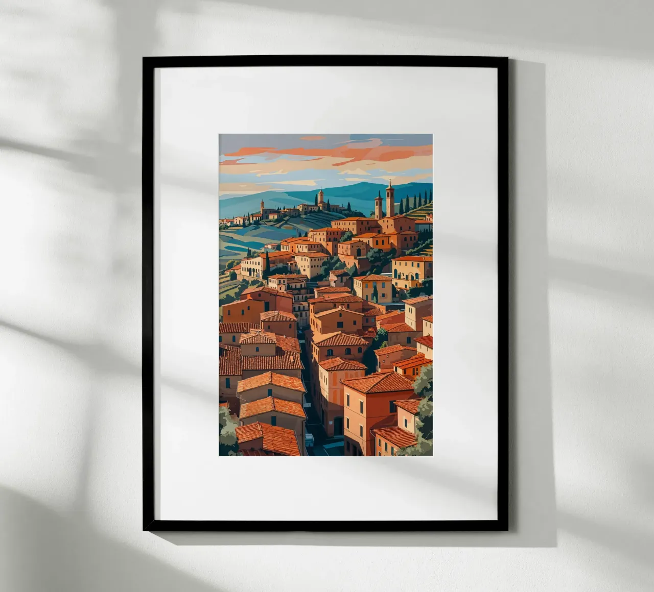 Italian Village in Golden Hour Glow poster con telaio in legno da AlbertKlee
