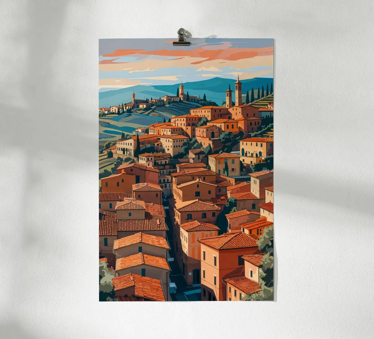 Italian Village in Golden Hour Glow poster con telaio in legno da AlbertKlee