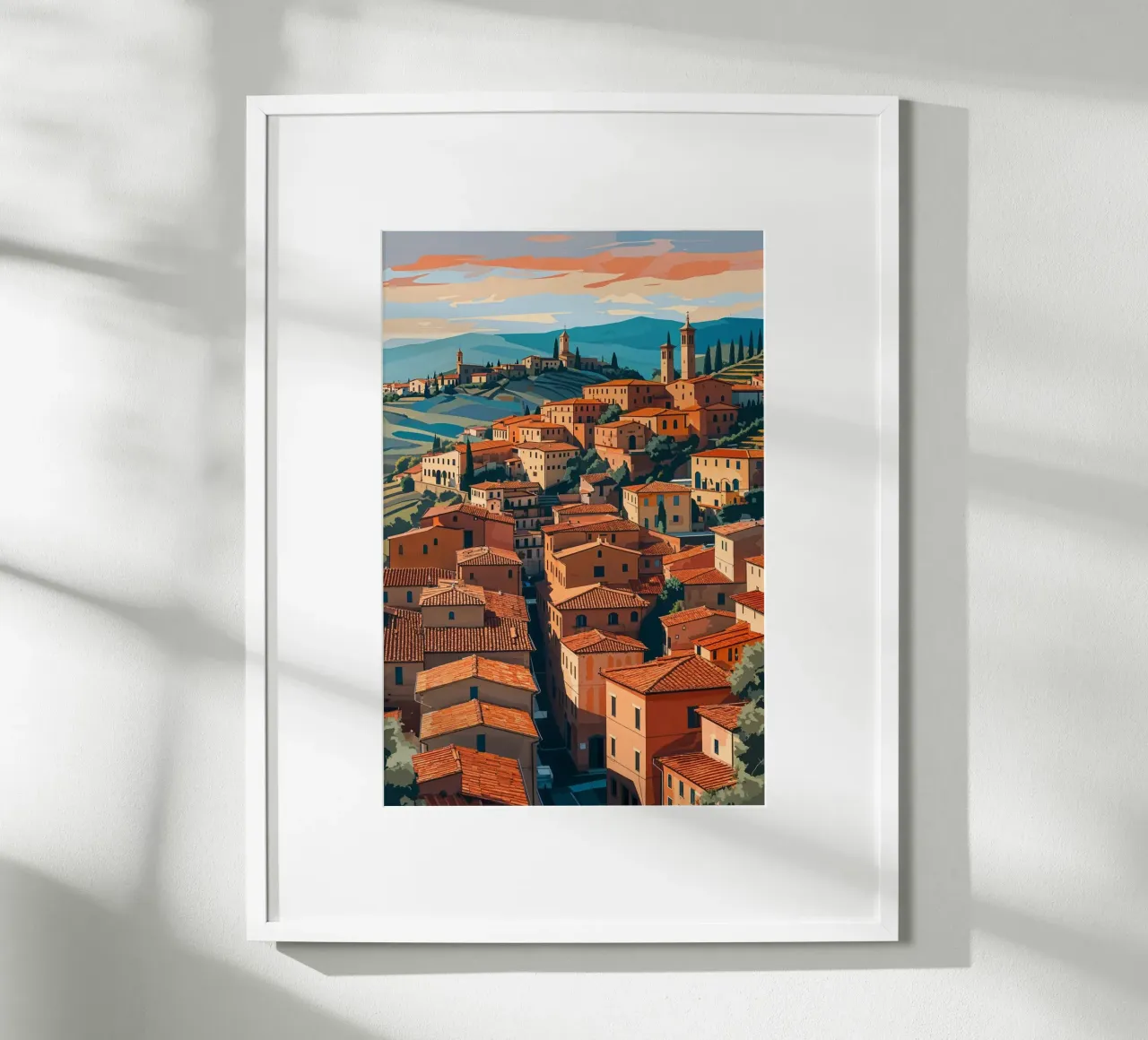 Italian Village in Golden Hour Glow poster con telaio in legno da AlbertKlee