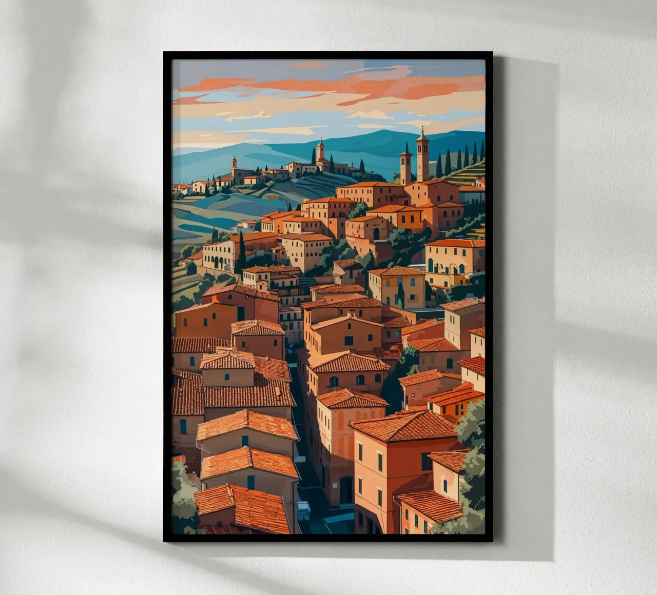 Italian Village in Golden Hour Glow poster con telaio in legno da AlbertKlee