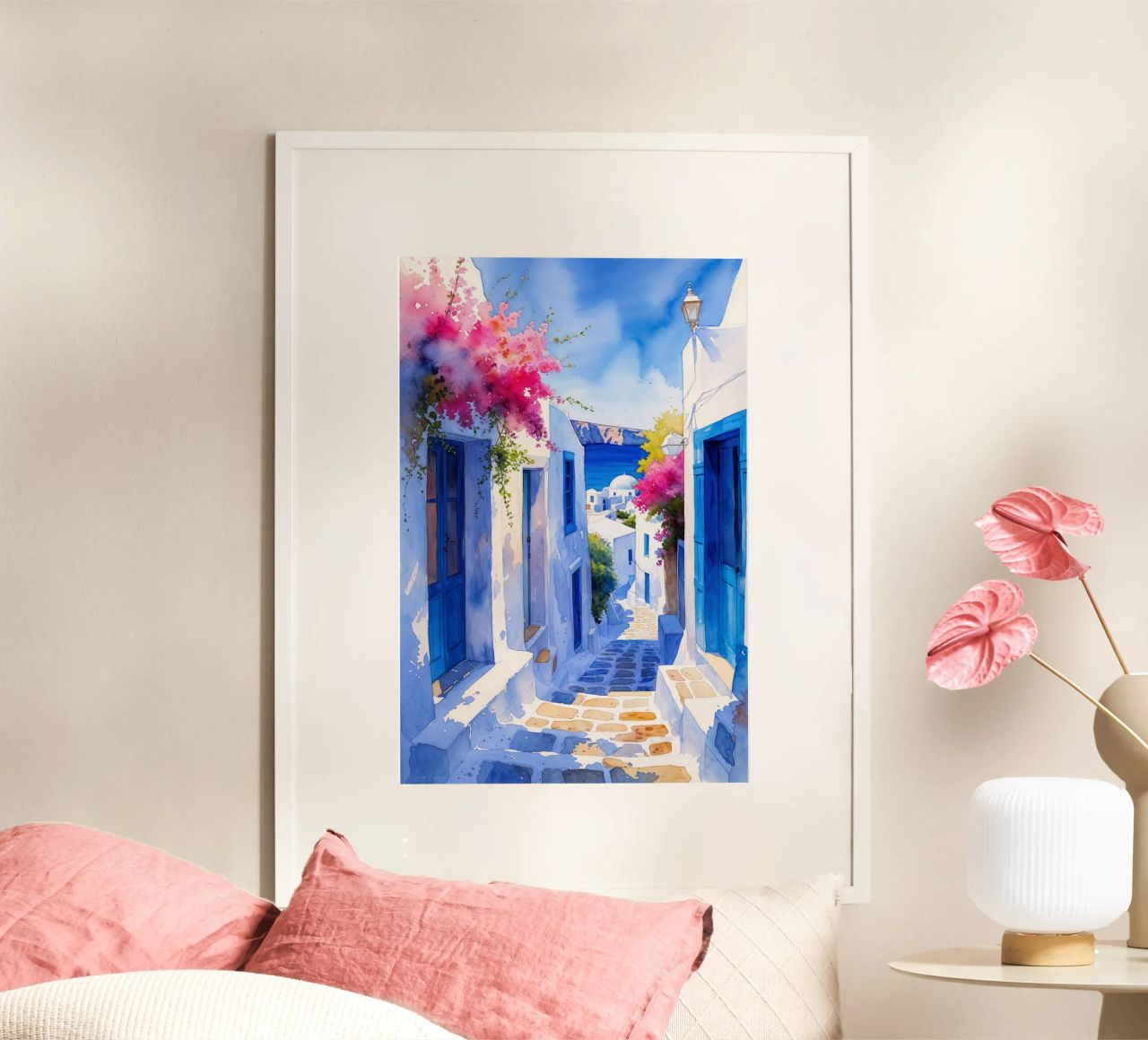 Blooming Bougainvillea in Oia's Lanes Poster von AlbertKlee