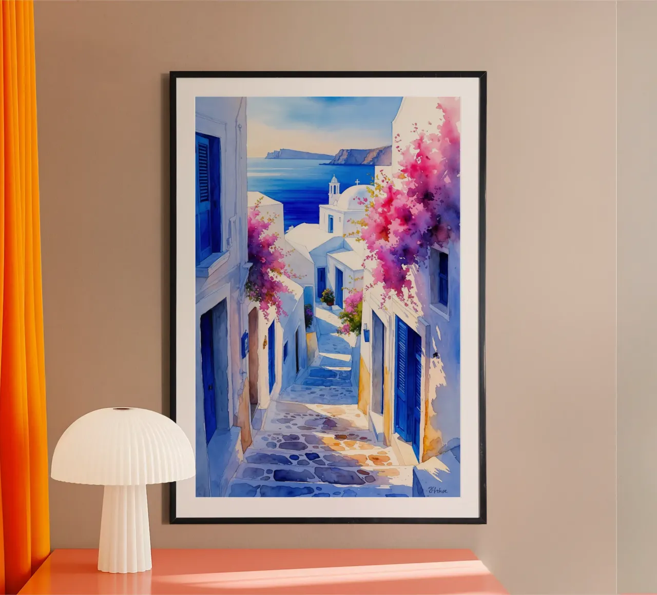Golden Sunlight in Cycladic Streets poster con telaio in alluminio da AlbertKlee