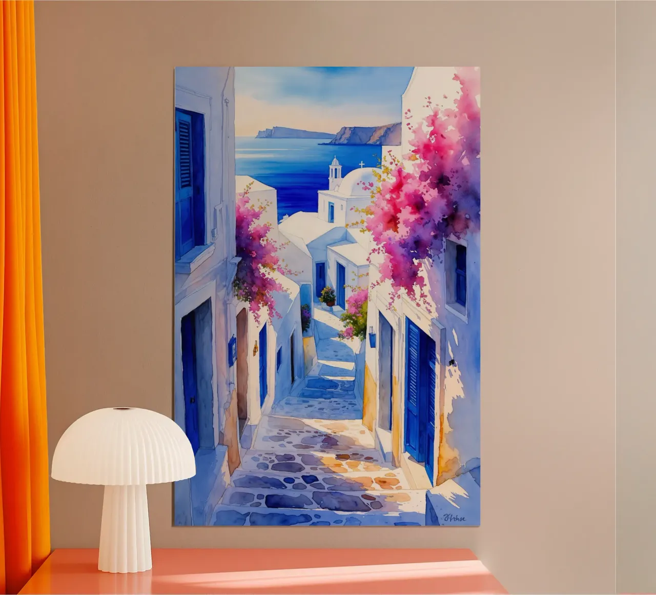 Golden Sunlight in Cycladic Streets poster con telaio in alluminio da AlbertKlee