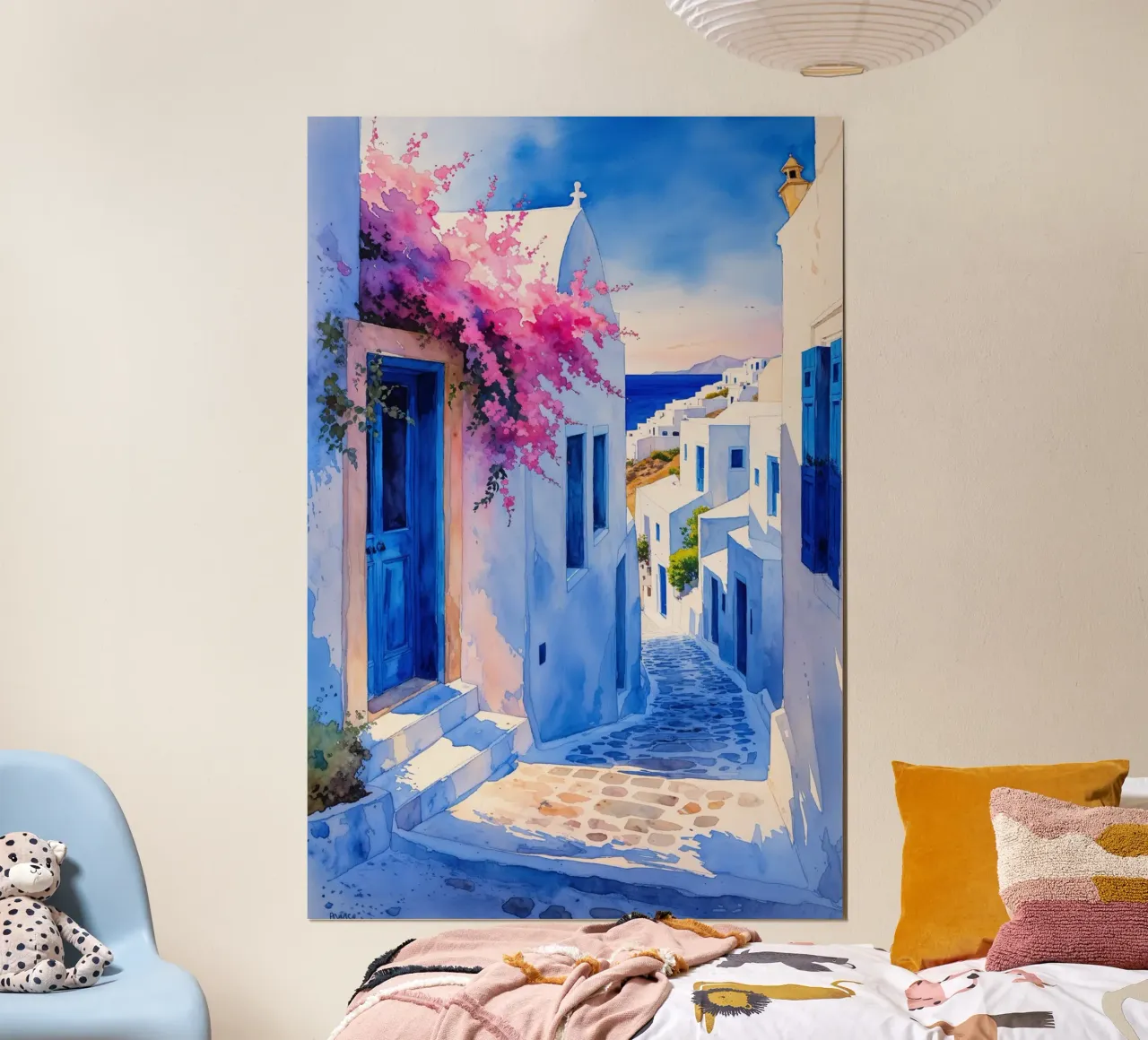 Oia’s Artistic Mediterranean Glow poster con telaio in legno da AlbertKlee
