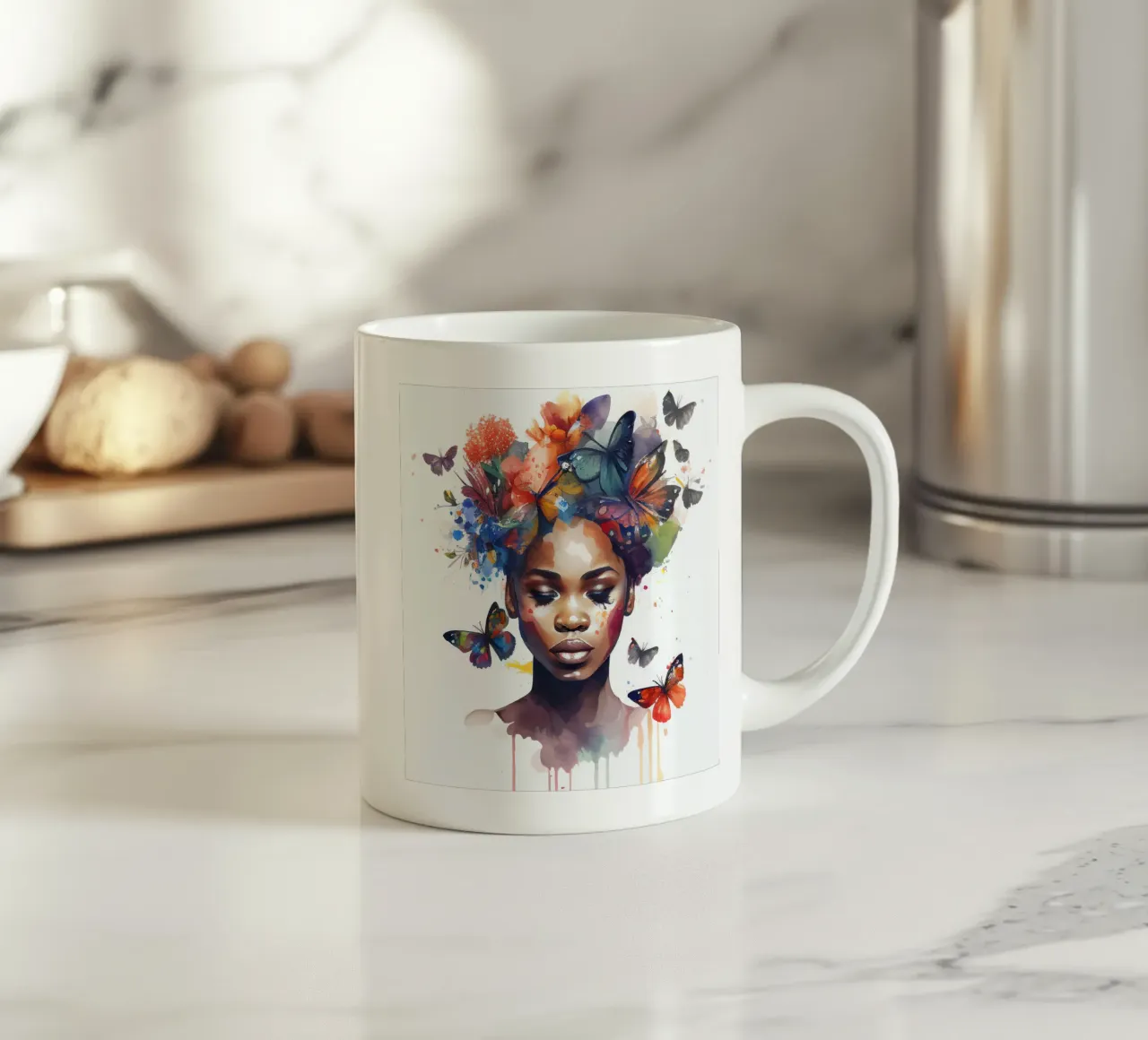 Farfalla acquerellata Donna africana tazza in ceramica da Chromatic Fusion Studio