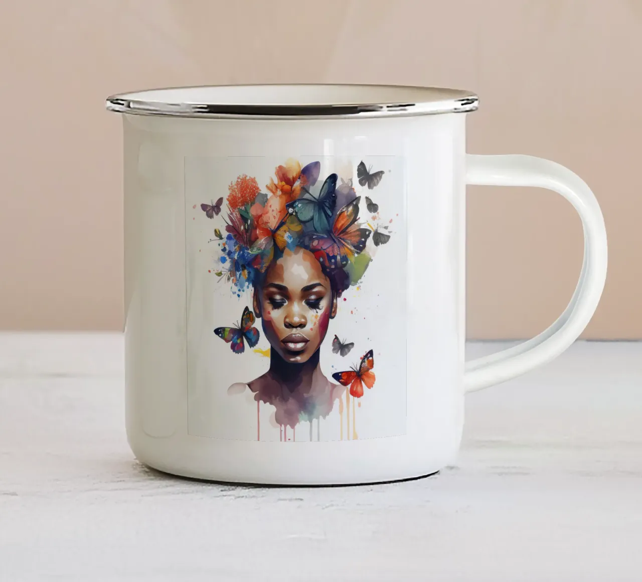 Farfalla acquerellata Donna africana tazza in smalto da Chromatic Fusion Studio