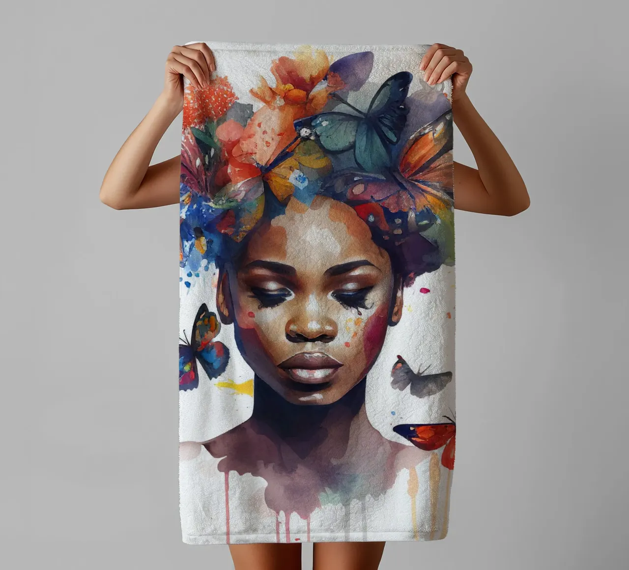 Farfalla acquerellata Donna africana asciugamano da bagno da Chromatic Fusion Studio