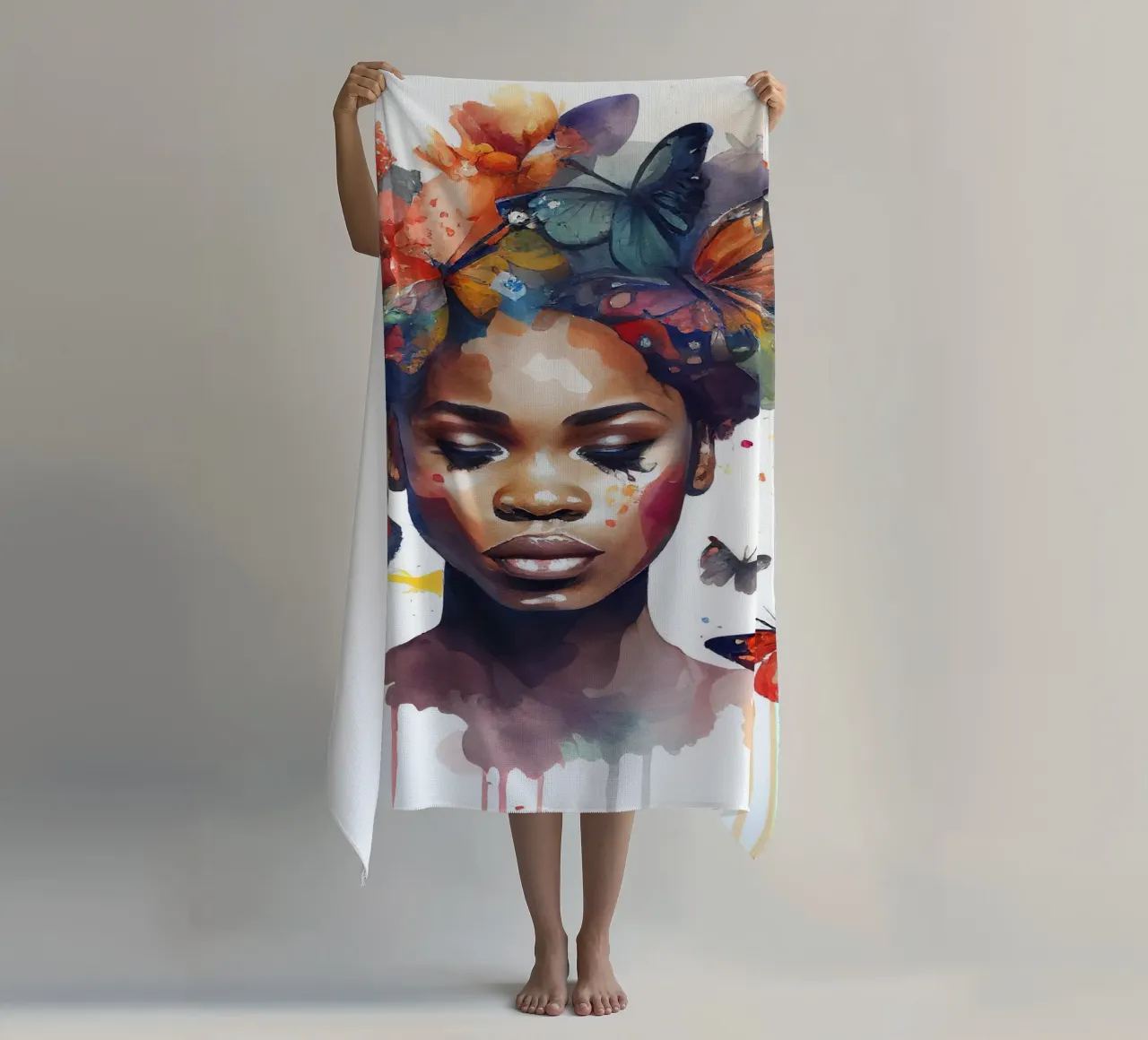 Farfalla acquerellata Donna africana telo mare da Chromatic Fusion Studio