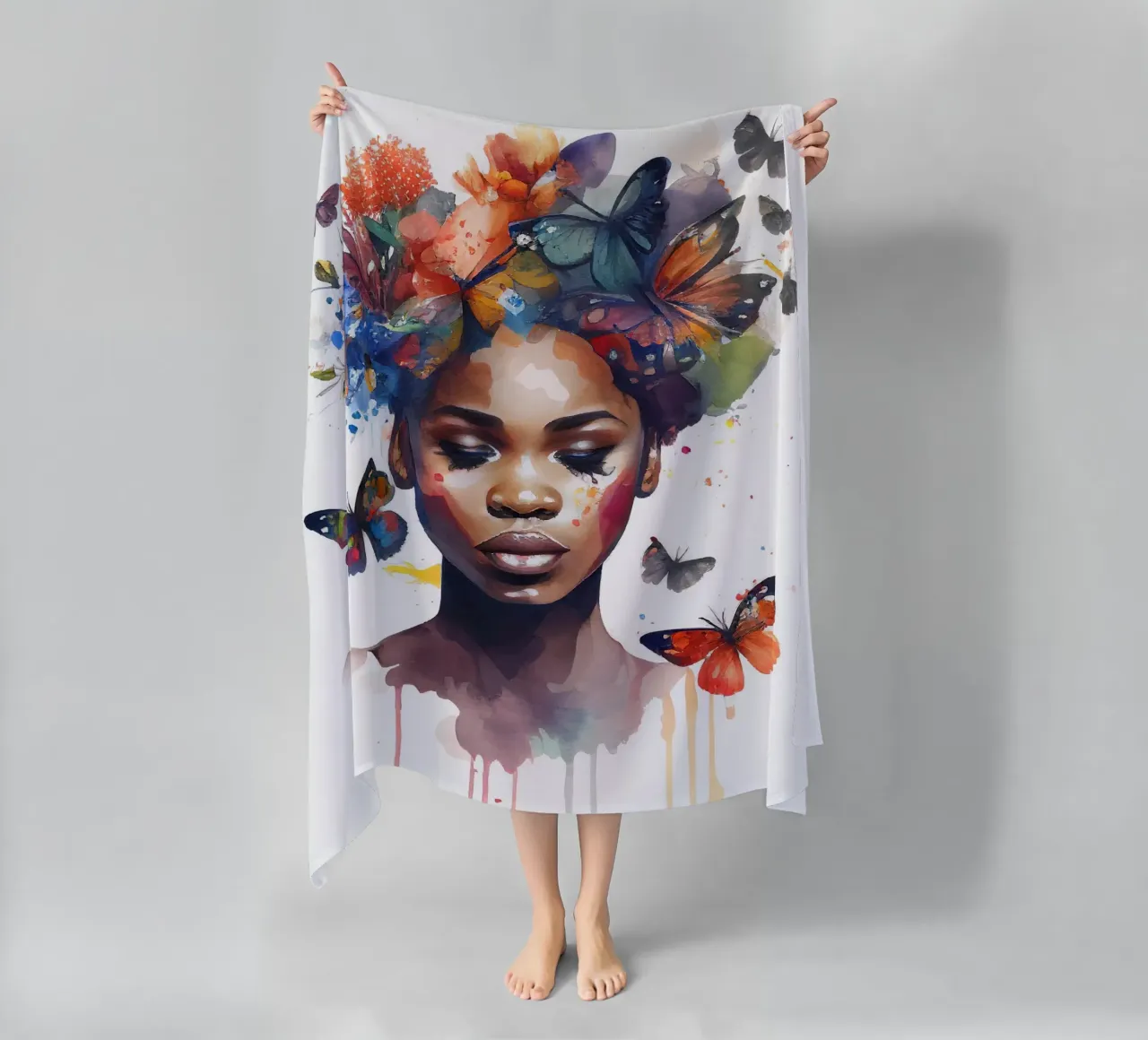 Farfalla acquerellata Donna africana telo mare da Chromatic Fusion Studio
