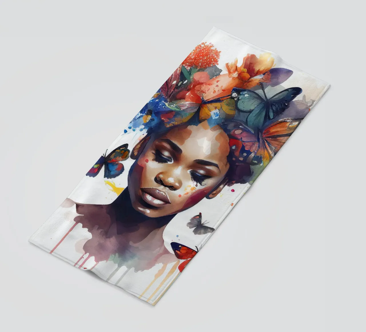 Farfalla acquerellata Donna africana telo mare da Chromatic Fusion Studio