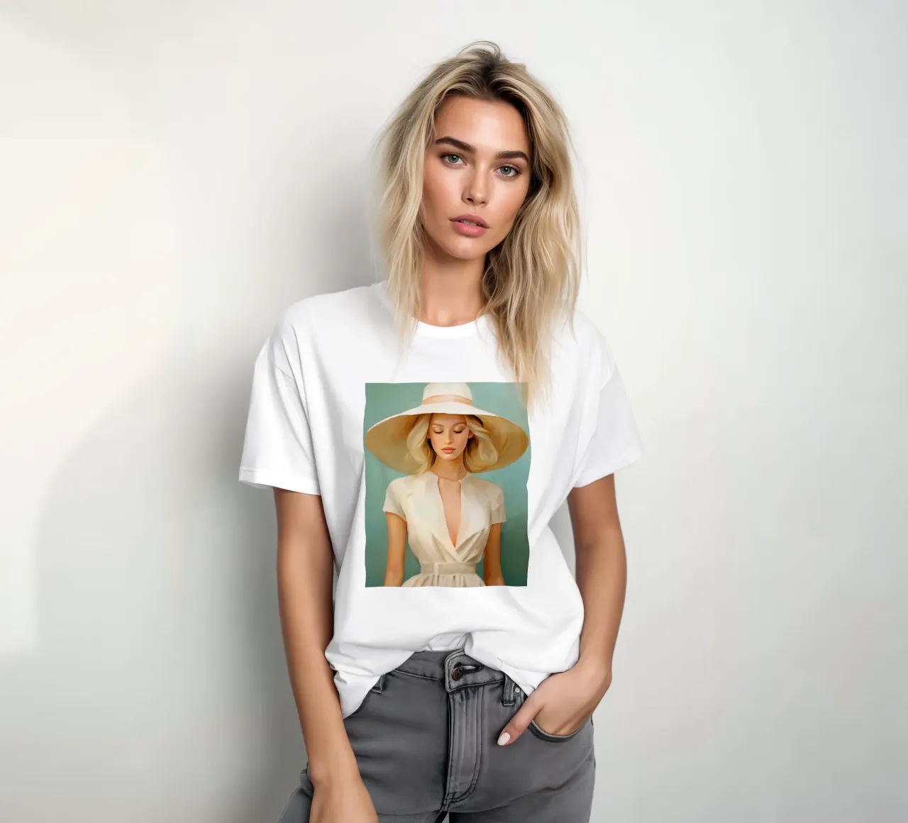 Donna elegante in colori tenui t-shirt da Take Your Art BV