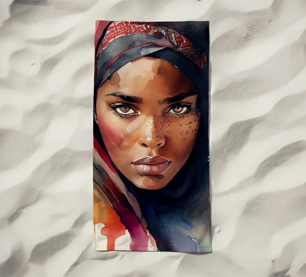 Acquerello Donna Tuareg telo mare da Chromatic Fusion Studio